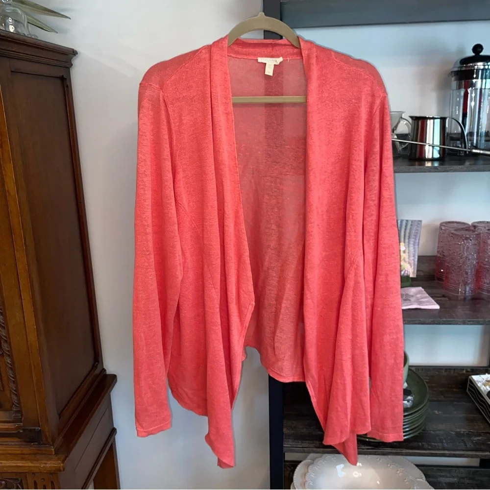 Eileen Fisher 100% Organic Linen Flora Cardigan Coral Angled Open Front 2X EUC